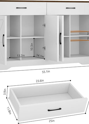 Modern 55.1-Inch Sideboard Buffet Cabinet with Storage, Drawers, and Doors for Kitchen and Living Room, White Wood Farmhouse Coffee Bar Table