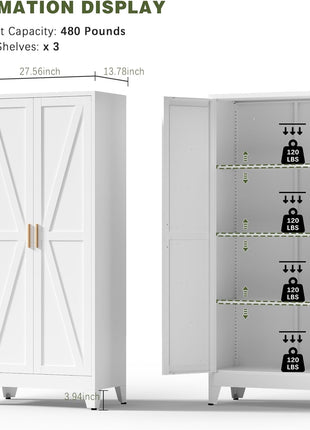 61" White Farmhouse Storage Cabinet with 2 Barn Doors, 3 Adjustable Shelves, and Legs for Versatile Use in Kitchen, Dining Room, Bathroom, Living Room, Office, or Laundry Room