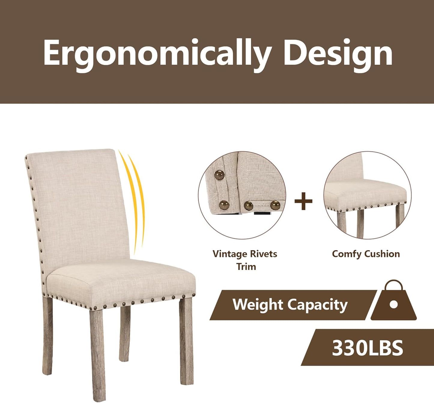 Rustic Dining Table Set for 6, Farmhouse Kitchen Dining Chairs for 6, Charming 60" Rectangular Wooden Table&6 Upholstered Chair with Nailhead Accents for Dining Hub,Breakfast Nook