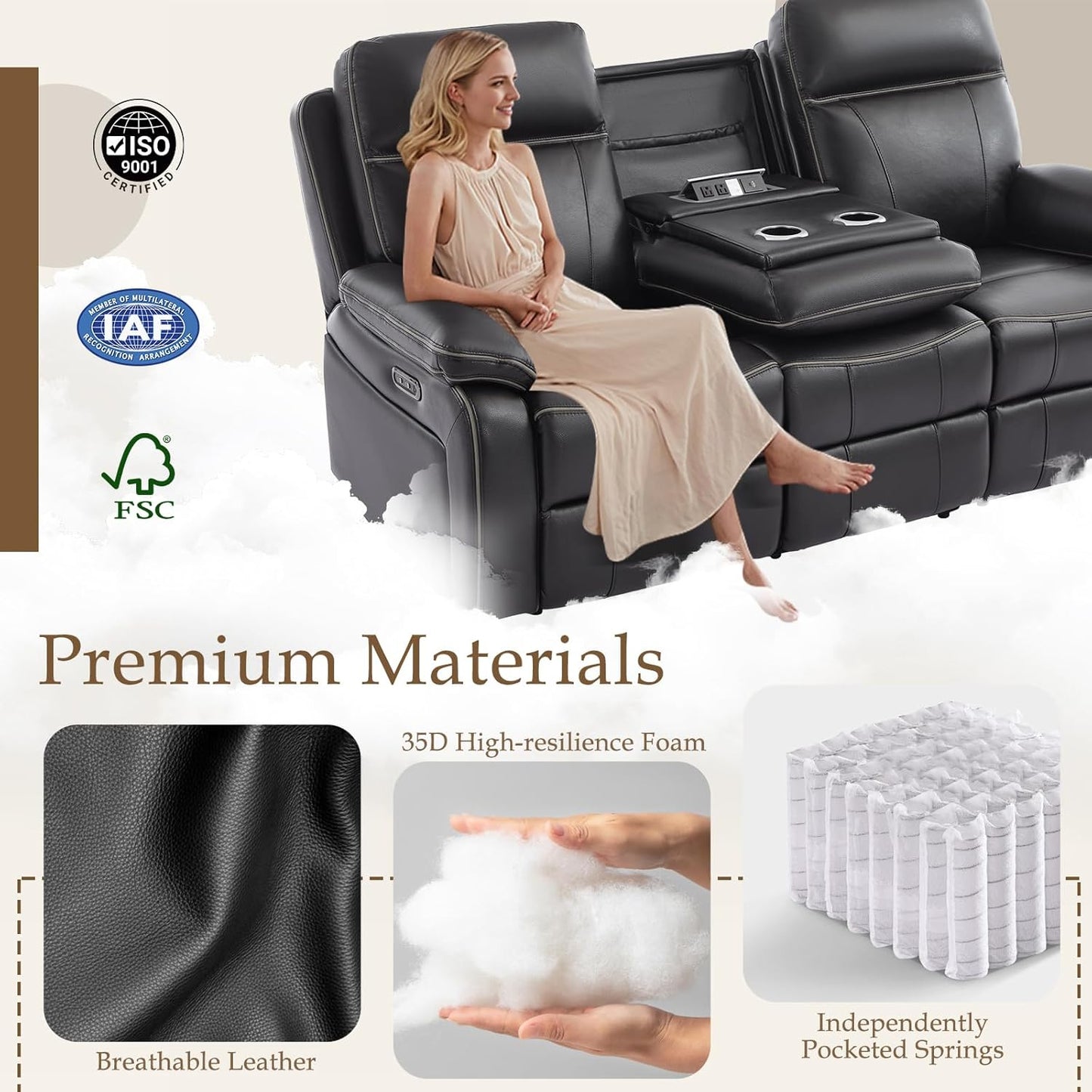 Power Reclining Sofa with Fold down Table, Breathable Leather Electric Reclining Couch, Power Loveseat Recliner Sofa with Cup Holders/Outlets/Usb-C/A Ports for Living Room (Black, 3 Seat)