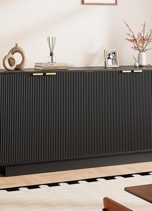 63-Inch Modern Fluted Sideboard Buffet Cabinet with Adjustable Shelves, Console Table Wine Bar Accent Credenza Featuring 4 Doors for Dining Room, Living Room, and Hallway (Black)