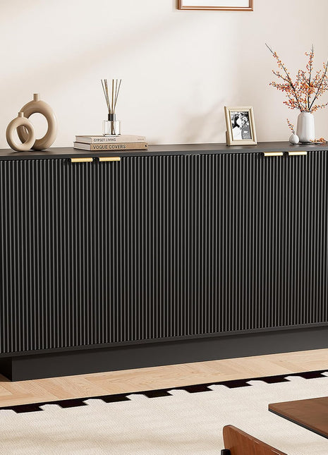 63-Inch Modern Fluted Sideboard Buffet Cabinet with Adjustable Shelves, Console Table Wine Bar Accent Credenza Featuring 4 Doors for Dining Room, Living Room, and Hallway (Black)