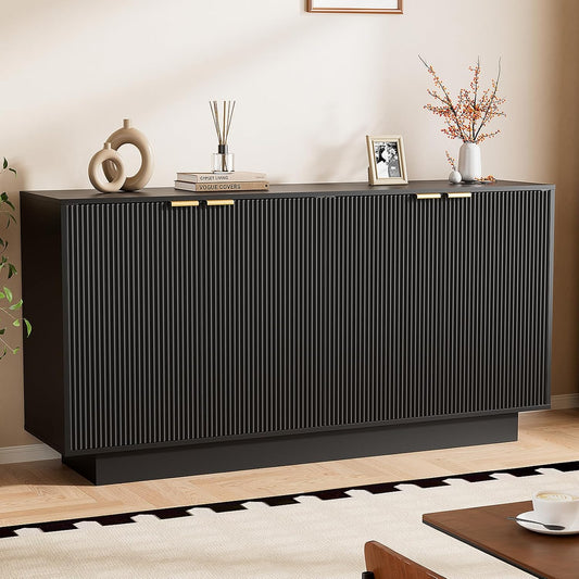 63'' Large Fluted Sideboard Buffet Cabinet, Modern Entertainment Center with Storage, Console Table Wine Bar Storage Cabinet with 4 Doors for Dining Room, Kitchen(Black)