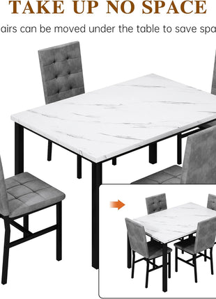 Contemporary Dining Table Set for Four with Faux Marble Surface and Velvet Upholstered Chairs, Perfect for Compact Spaces in White and Grey