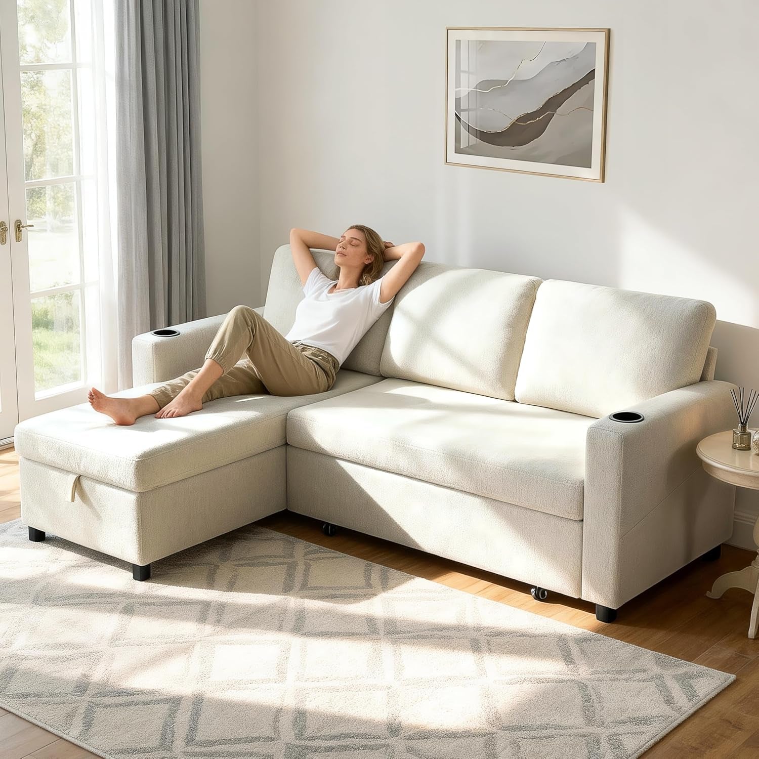 84 Inch Sectional Sleeper Sofa with Pull Out Bed Convertible 2 in 1 Couch with Storage Chaise & USB Charging Comfy L Shaped Modular Couches for Living Room Apartment(2 Box)