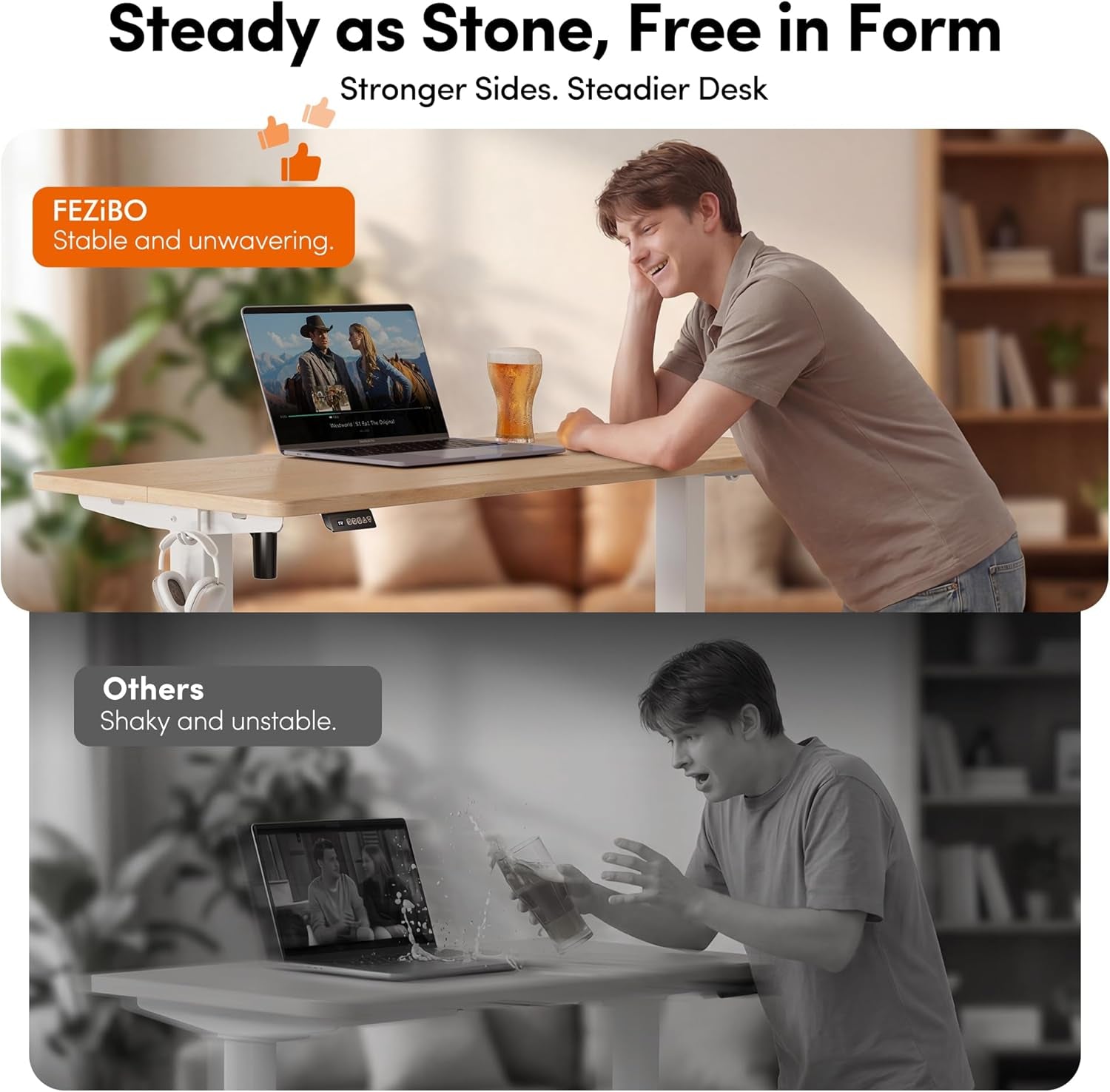 Standing Desk, 48 × 24 Inches Electric Height Adjustable, Sit and Stand Up, Computer Office Desk with Splice Board, White Frame/Maple TOP