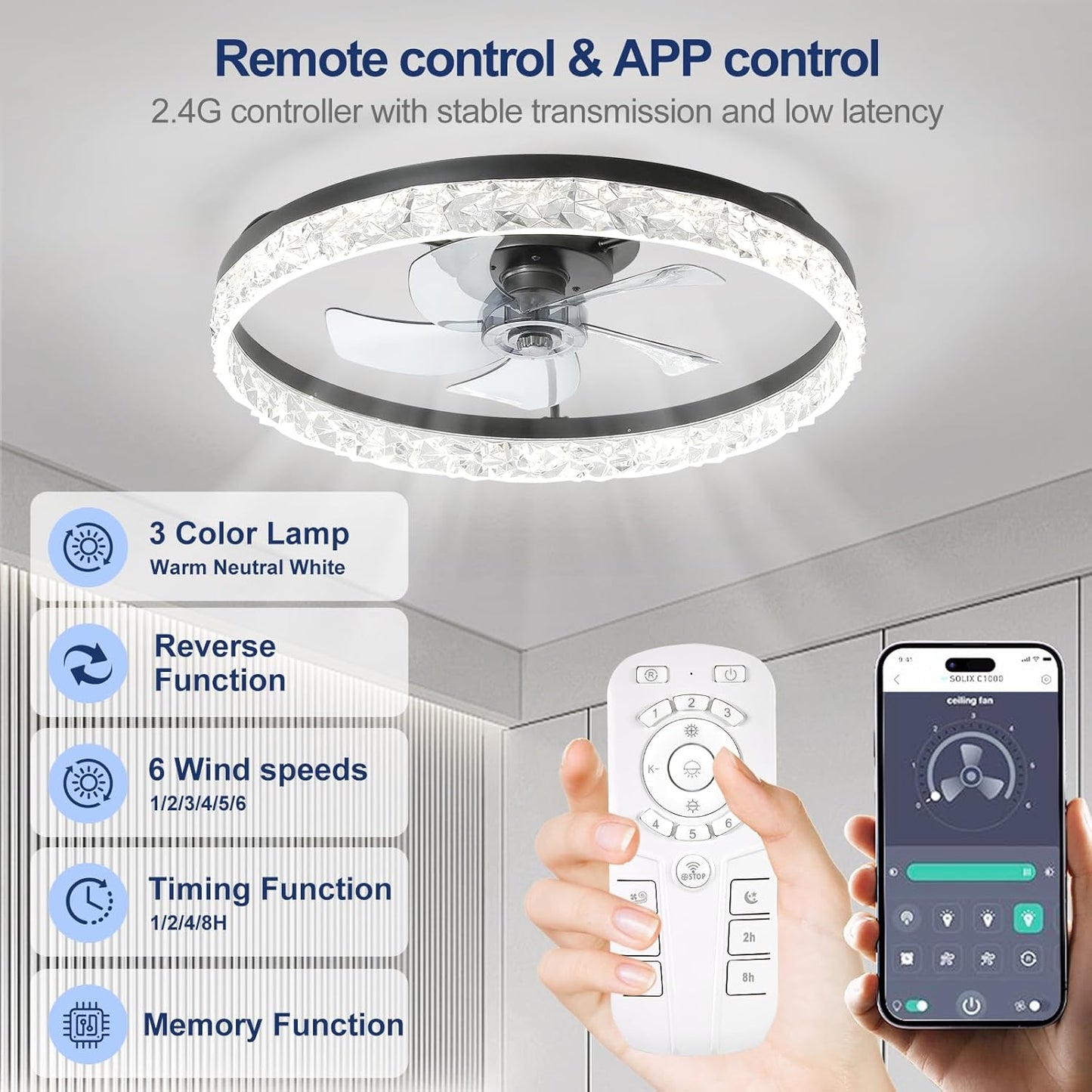Ceiling Fans with Lights, 24 Inch Low Profile Flush Mount Fandelier Ceiling Fan with Remote, Low Noise, Reversible DC Motor, Dimmable LED Fan for Bedroom, Kitchen, Dining Room, Kids Room
