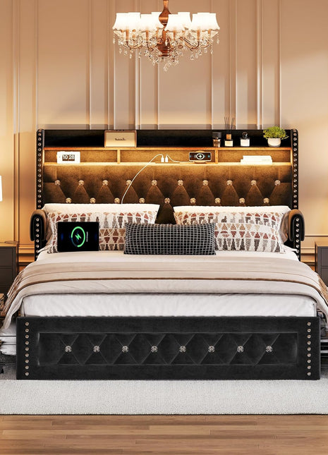 Velvet Upholstered Queen Size Bed Frame with 4 Storage Drawers, Integrated Charging Station, and Storage Headboard, LED Accents, Crystal Décor, No Box Spring Required, Black