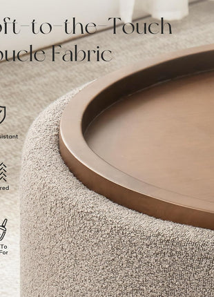 30-Inch Round Storage Ottoman Coffee Table, Modern Boucle Design with Lift-Off Lid and Solid Wood Legs for Living Room, Bedroom, and Apartment Use (Brown)