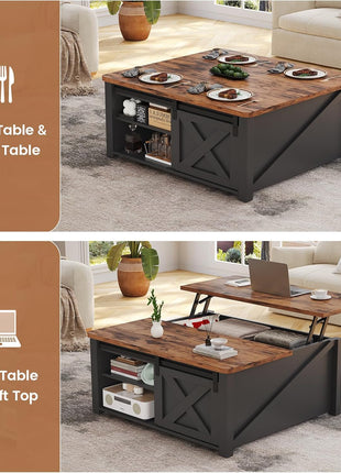 31.5" Lift-Top Coffee Table with Storage Solutions, Square Farmhouse Design with Spacious Hidden Compartment and Adjustable Shelves, Black Finish