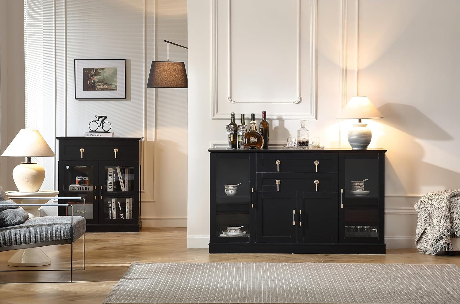 58.2'' Modern Sideboard Buffet Cabinet with Storage, Accent Coffee Bar Cabinet with 2 Glass Doors,Sideboard Credenza with Two Drawers and Adjustable Shelves,Black