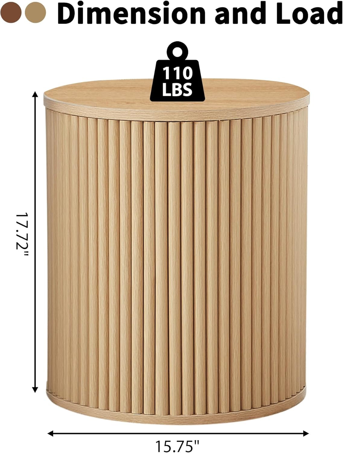 Small round Side Table Fluted Night Stand Set of 2, Modern Boho End Table with Storage, Circle Bedside Tables Wood Nightstands for Small Spaces, Living Room, Bedroom (Nature)