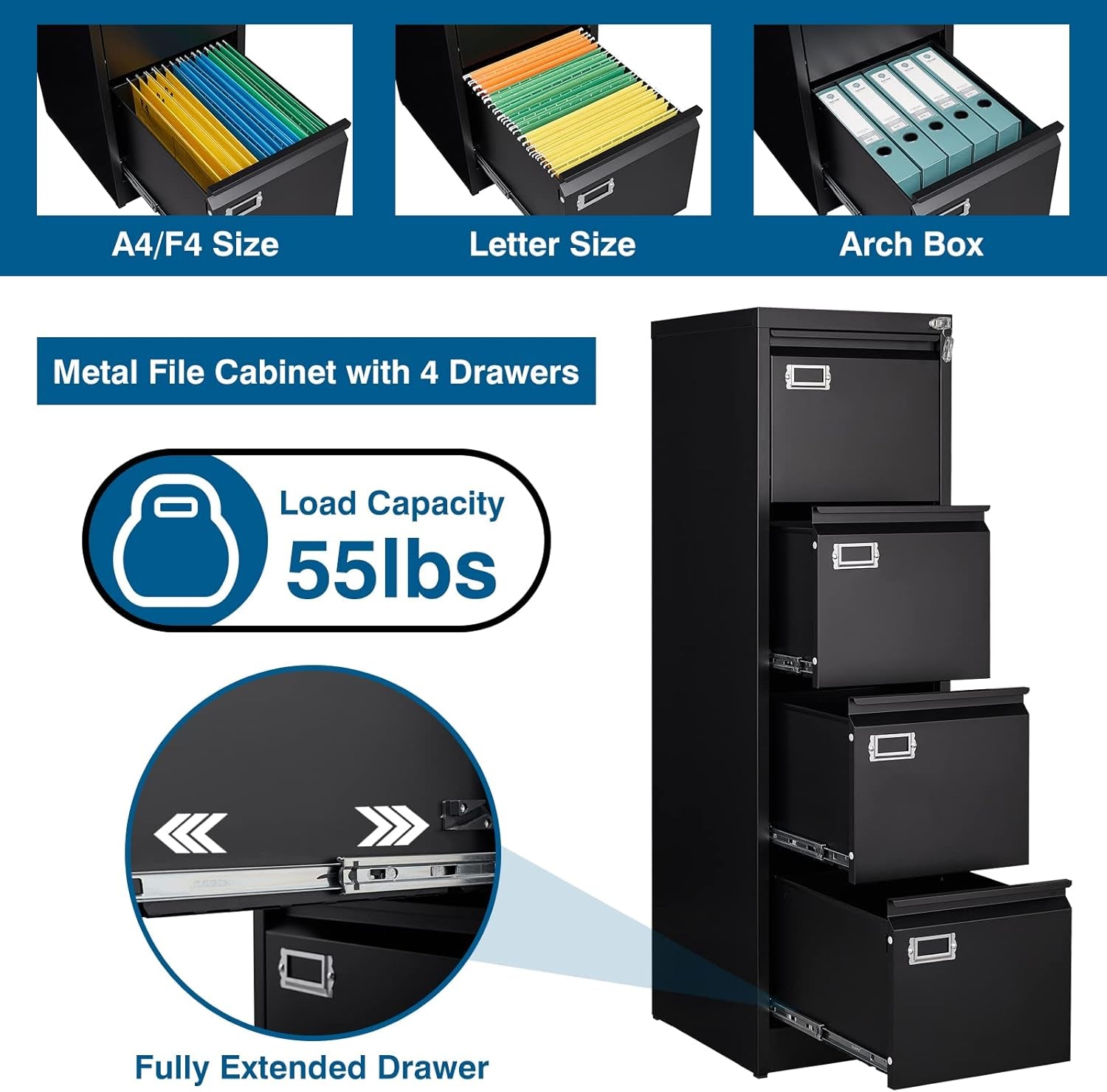 4 Drawer File Cabinet, Vertical Filing Cabinets with Lock, Metal File Cabinets for Home Office, Anti-Tip 4 Storage Drawers for Letter/Legal/A4/F4 Size (Assemble Required, Black)