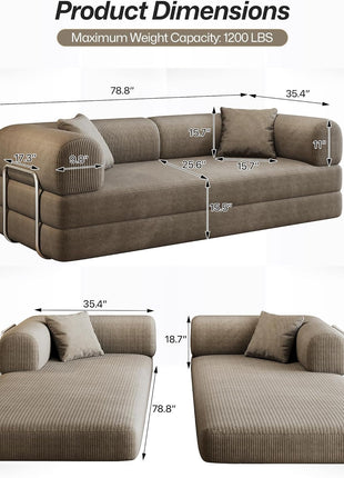 Luxurious 78.8" Convertible Corduroy Sleeper Sofa Bed - Modern Camel Loveseat with Silver Frame for Elegant Living Spaces