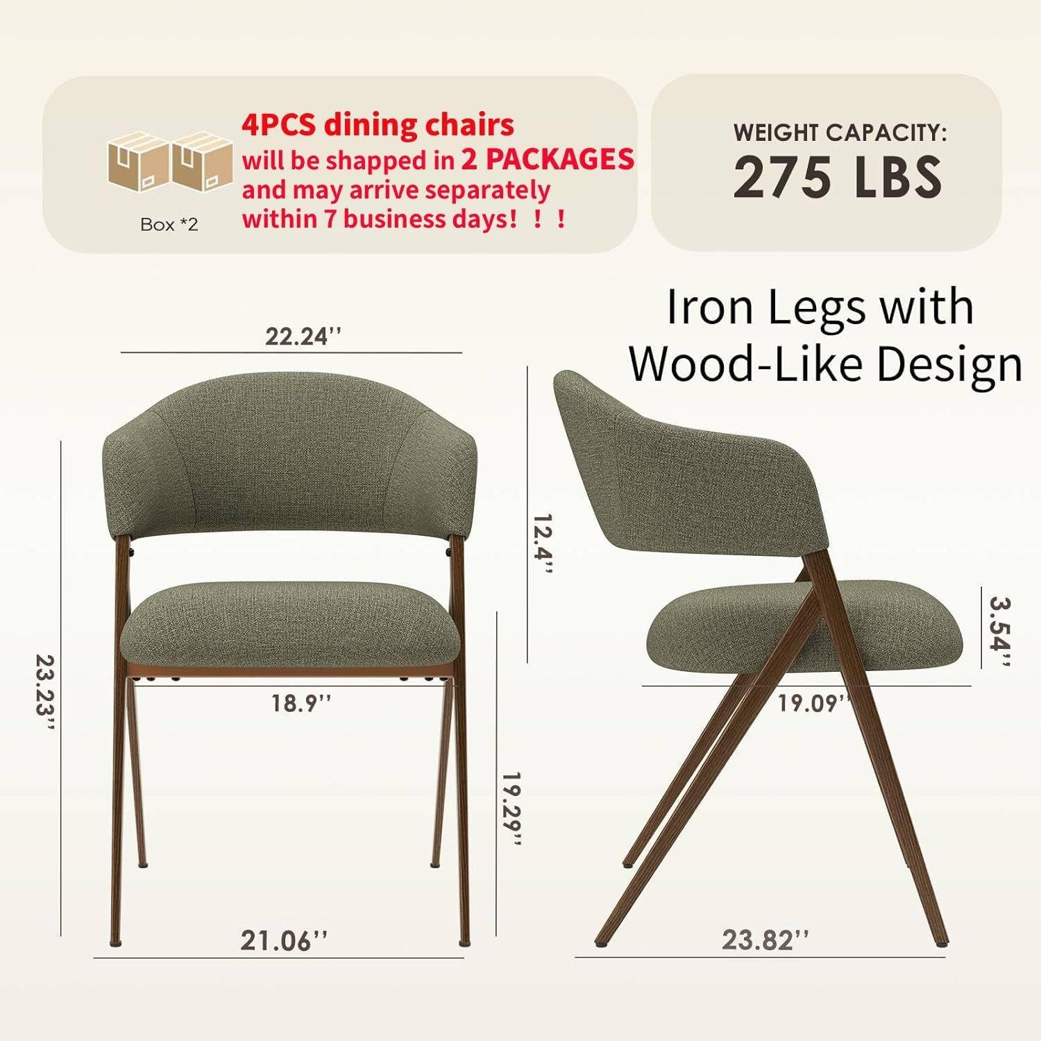 Dining Chairs Set of 4, Modern Fabric Upholstered Dining Room Kitchen Side Chairs with Iron Legs, Open Back and Padded Seat, for Living Room/Restaurant/Cafe, Green