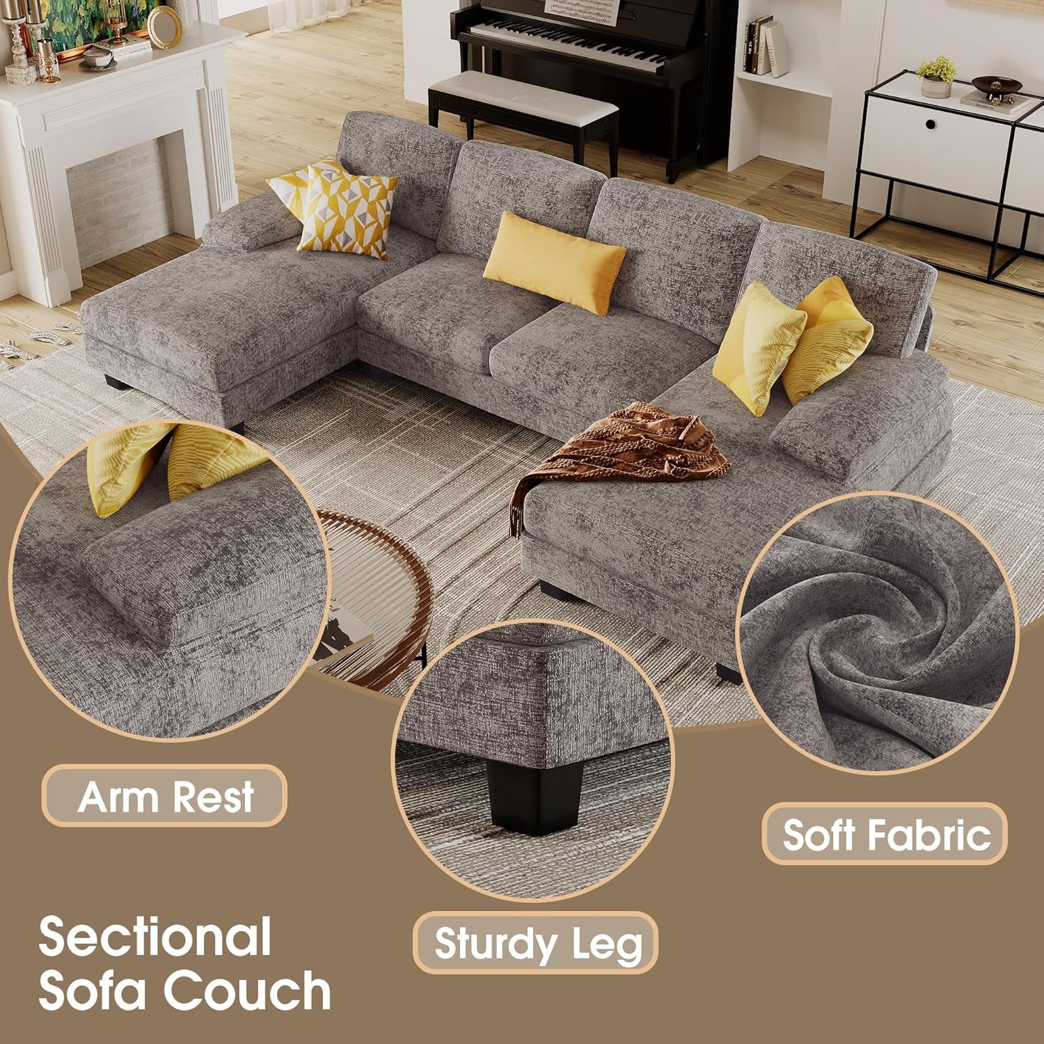 Sectional Couches for Living Room, U-Shaped Sofa Couch with Linen Fabric, 4 Seat Sofa Set with Double Chaise for Apartment (Fabric, Grey)