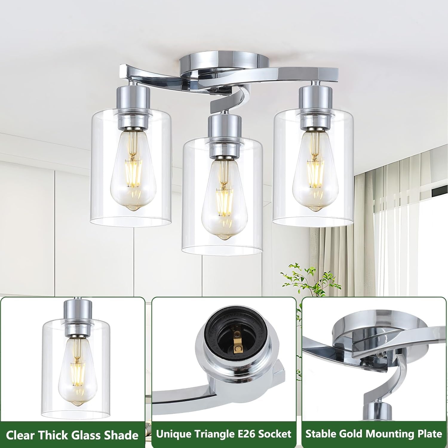 3-Light Semi Flush Mount Ceiling Light, Modern Close to Ceiling Light Fixtures with Clear Glass Shades, Chrome Light Fixture for Kitchen, Dining Room, Hallway, Entryway, Foyer