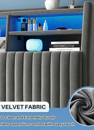 Full-Size Bed Frame with Vertical Channel Tufted Headboard, Integrated Storage Shelves, Velvet Upholstery, Charging Station, LED Lighting, Wooden Slats, and Noise-Free Design in Grey
