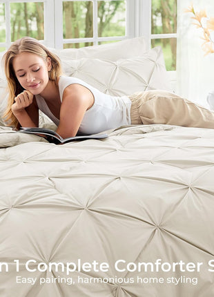 7-Piece Queen Comforter Set, All-Season Pintuck Bedding Ensemble in Beige, Includes Comforter, Flat Sheet, Fitted Sheet, Pillowcases, and Pillow Shams