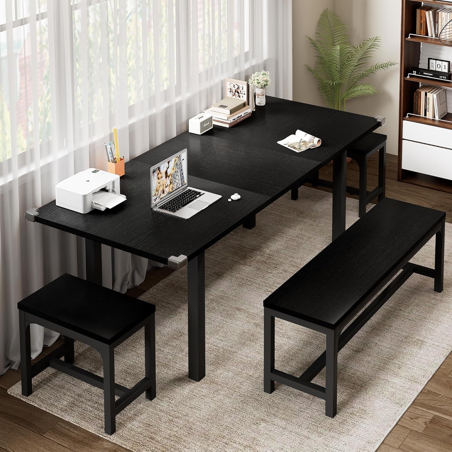 5-Piece Dining Table Set for 4-8 People, 63" Large Extendable Kitchen Table Set with 2 Benches and 2 Square Stools, Dining Room Table with MDF Wood Board, Easy Assembly, Black