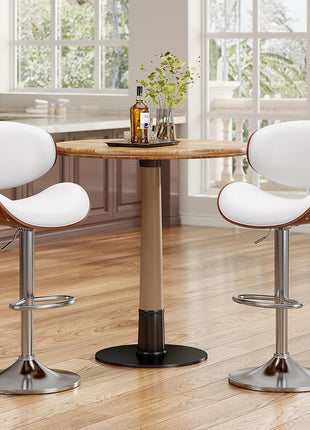 Set of 2 Adjustable Height Swivel Bar Stools with Bentwood Design, PU Leather Upholstery, Backrest, and Footrest for Bar, Kitchen, and Dining Room in White