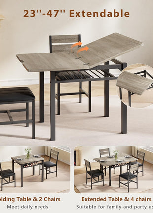 Extendable Dining Table Set for Four with PU Leather Upholstered Chairs and Integrated Storage Rack, Perfect for Compact Spaces, Grey Finish
