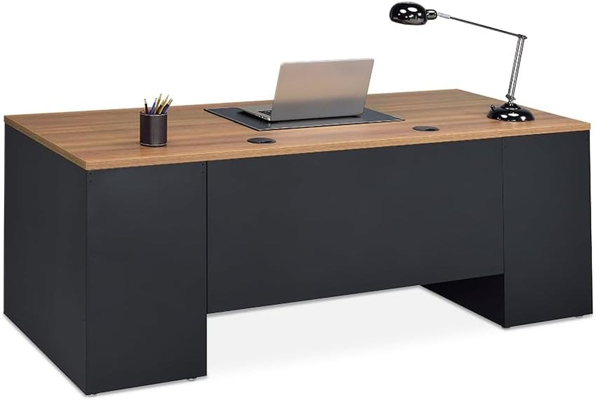 NBF Executive Office Desk and Credenza Set - Modern Home Office Desk with Durable Laminate, File and Utility Drawers (Gray)