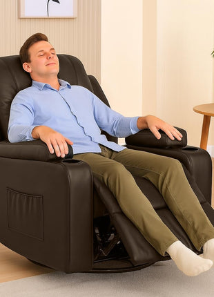 Brown PU Leather Swivel Recliner Chair with Cup Holders and Side Pockets for Living Room or Bedroom