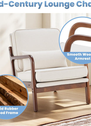 Set of 2 Mid-Century Modern Accent Chairs with Armrests and Cushions, Perfect for Living Room and Bedroom, Solid Wood Frame, Cream Finish