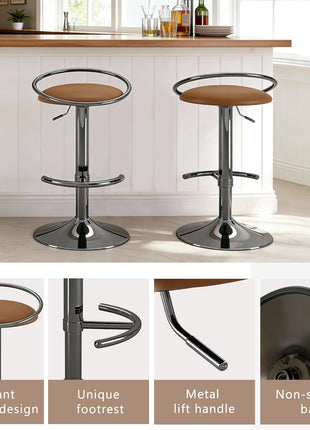 Set of 2 Adjustable Swivel Counter Height Bar Stools with Upholstered PU Leather Seats in Gloss Black for Bar, Kitchen Island, and Dining Room Use
