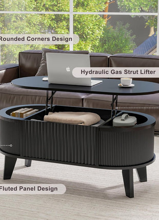 Contemporary Oval Fluted Lift-Top Coffee Table with Storage for Living Room or Home Office in Black