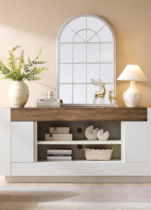 Contemporary 70-Inch TV Stand and Entertainment Center for TVs up to 80 Inches, Media Console with Generous Open Storage and Side Cabinets, Durable Wood Construction in Antique White Finish for Living Room