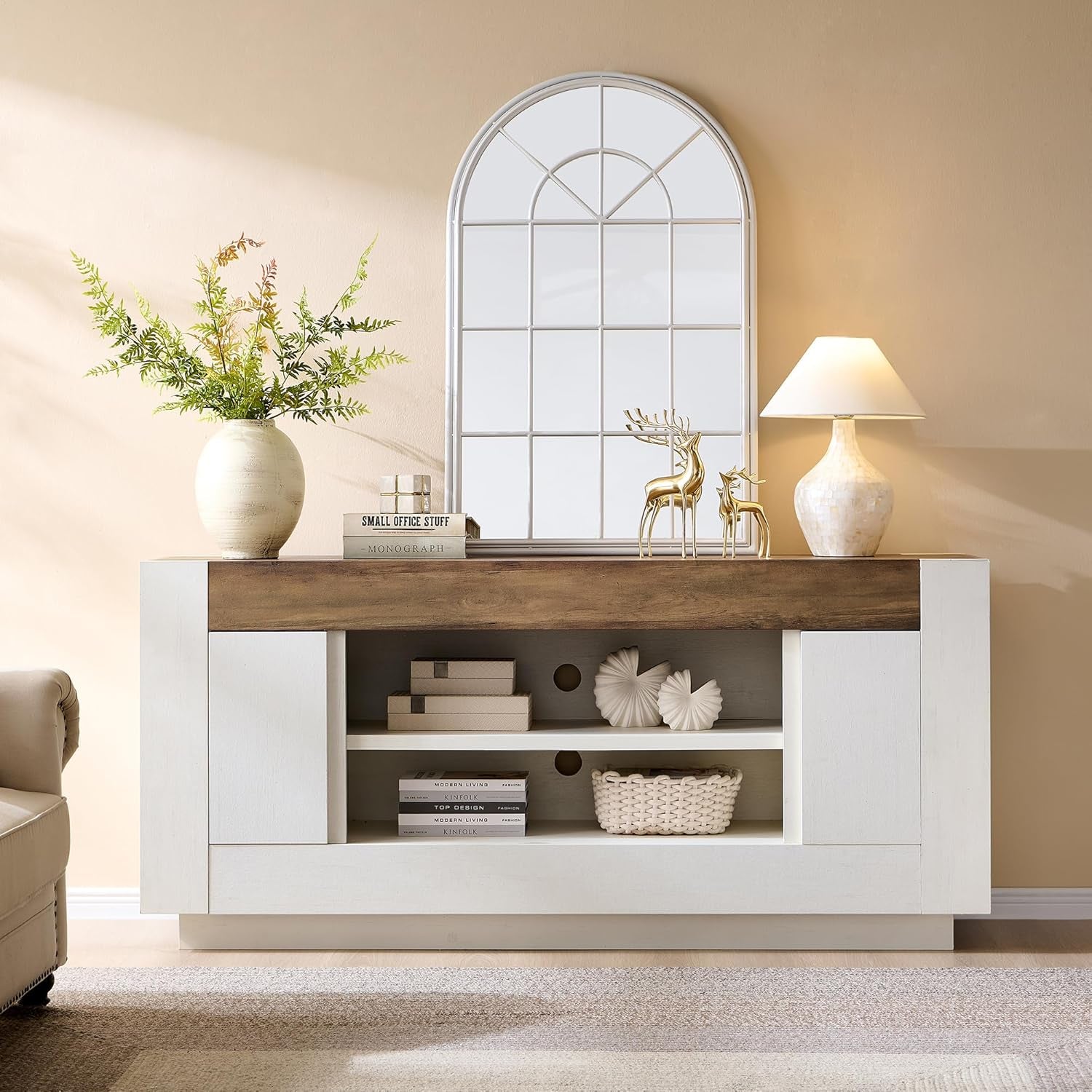 Modern 70" TV Stand, Entertainment Center for Tvs up to 80", Media Console with Large Open Storage & Side Cabinets, Thick Wood Design for Living Room, Antique White