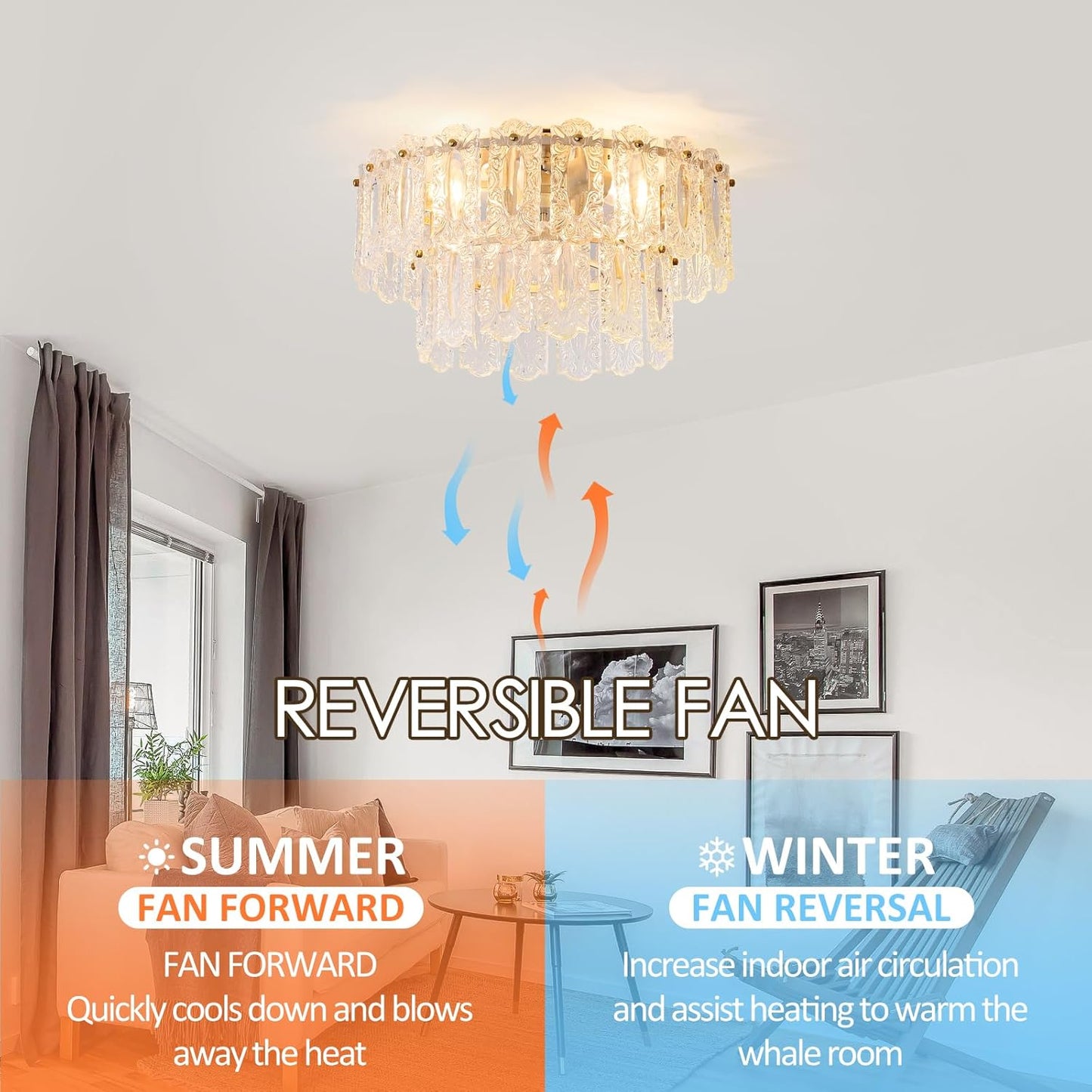 Crystal Caged Ceiling Fan with Light Flush Mount, 20Inch Crystals Ceiling Fan with Light and Remote,Gold Crystal Fandelier Ceilings Fans with Lights for Bedroom,Nursery, Foyer