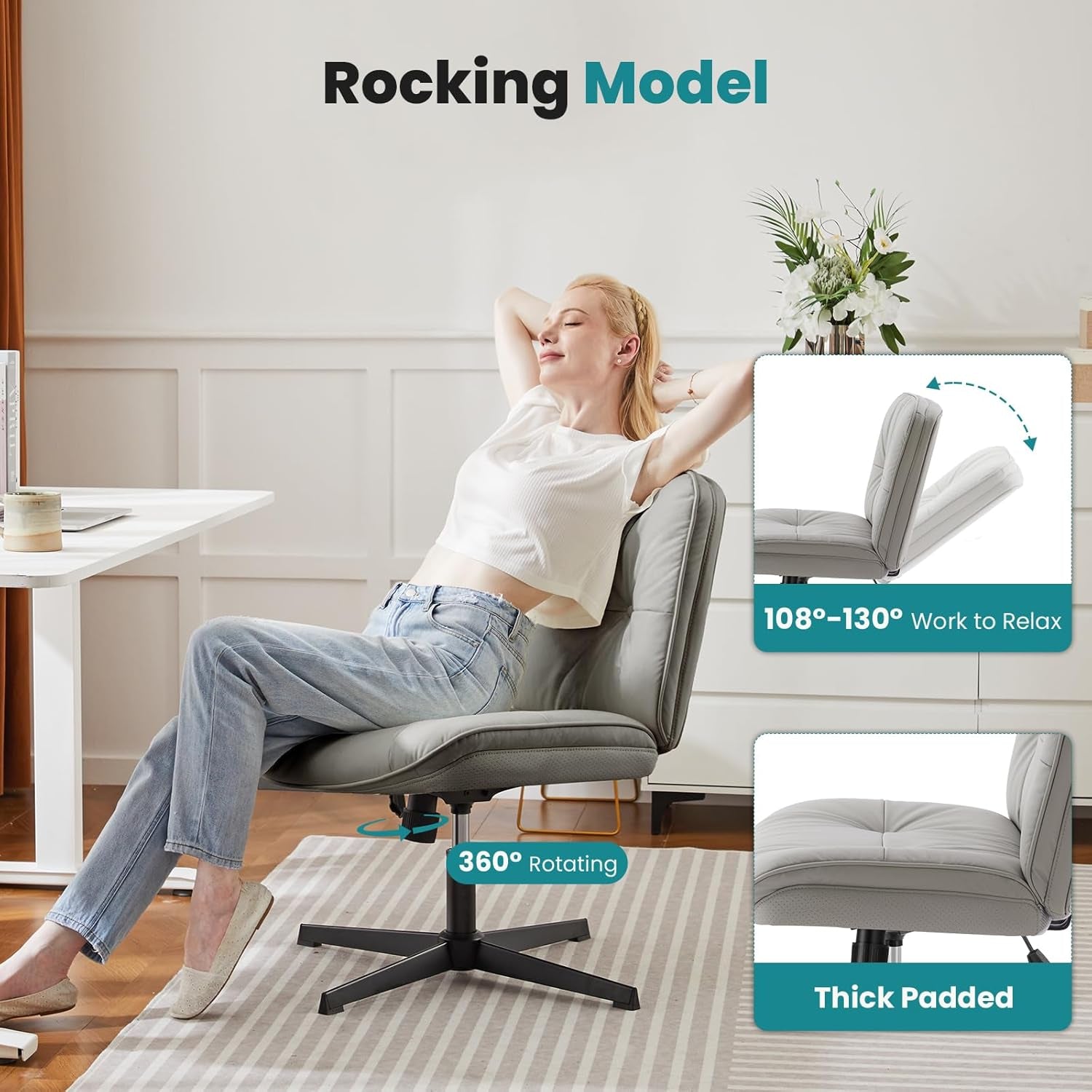 Criss Cross Chair without Wheels, Cross Legged Office Chair, Armless Wide Vanity Desk Chair with Comfy PU Leather& Back - Swivel for Home Office Bedroom, Gray