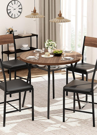 Round Dining Table Set for Four - Compact Kitchen and Dining Room Furniture with Durable Metal Frame and Walnut Finish