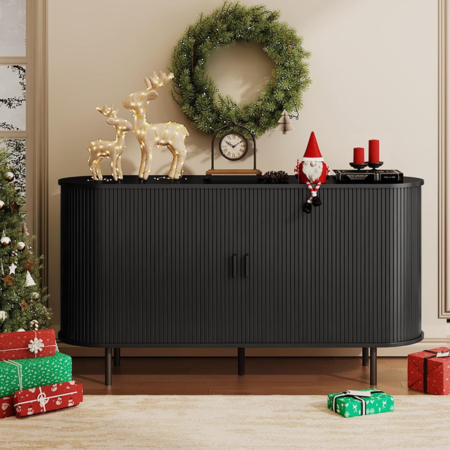 Buffet Sideboard Cabinet with Storage, 55" Fluted Cabinet with Sliding Door & Adjustable Shelf, Modern Accent Coffee Bar Console Table for Kitchen, Entryway, Black