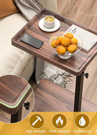 Adjustable Height C-Shaped End Table with 360° Swivel Functionality, Perfect for Compact Living Areas - Walnut Brown Finish