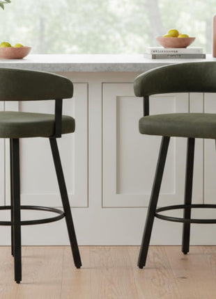 Contemporary Set of 2 Green Counter Height Bar Stools - Upholstered Leather with Metal Legs and Footrest, Perfect for Dining Rooms, Home Bars, Kitchen Islands, and Pubs, 25 Inch