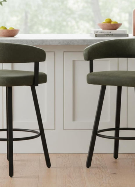 Contemporary Set of 2 Green Counter Height Bar Stools - Upholstered Leather with Metal Legs and Footrest, Perfect for Dining Rooms, Home Bars, Kitchen Islands, and Pubs, 25 Inch