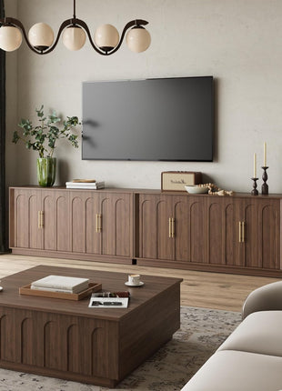 Mid-Century Modern Sideboard Buffet Cabinet with Arched Doors, Modular Media Console and Minimalist Design for Living Room, Kitchen, Dining Room, and Entryway in Walnut Finish