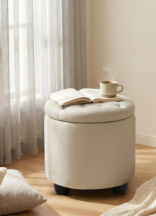 Contemporary Beige Round Storage Ottoman with Button Tufting and Detachable Lid for Living Room, Bedroom, and Makeup Space