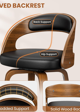 Set of 3 Counter Height Swivel Bar Stools, 26" with Bentwood Legs and Back, Mid-Century Modern Faux Leather Upholstery for Kitchen Island, Black