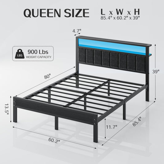 Queen Size Bed Frame with LED Lights & Charging Station, Modern Platform Bed with 2-Tier Storage Headboard, No Box Spring Needed, Noise Free