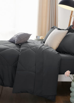 Queen Size 7-Piece Dark Grey Comforter Set - Luxury Soft All-Season Bedding Set with Comforter, Sheets, Pillowcases, and Shams