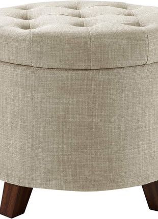 Round Storage Ottoman Footrest - Button-Tufted Upholstered Footstool with Storage, Durable Linen Fabric for Living Room and Bedroom, 20" x 17", Beige