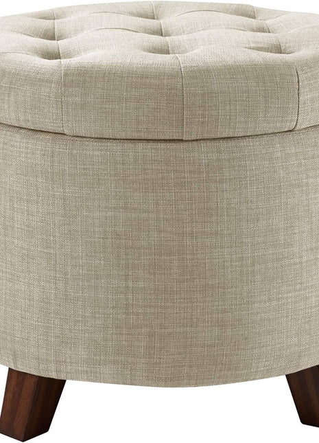 Round Storage Ottoman Footrest - Button-Tufted Upholstered Footstool with Storage, Durable Linen Fabric for Living Room and Bedroom, 20" x 17", Beige