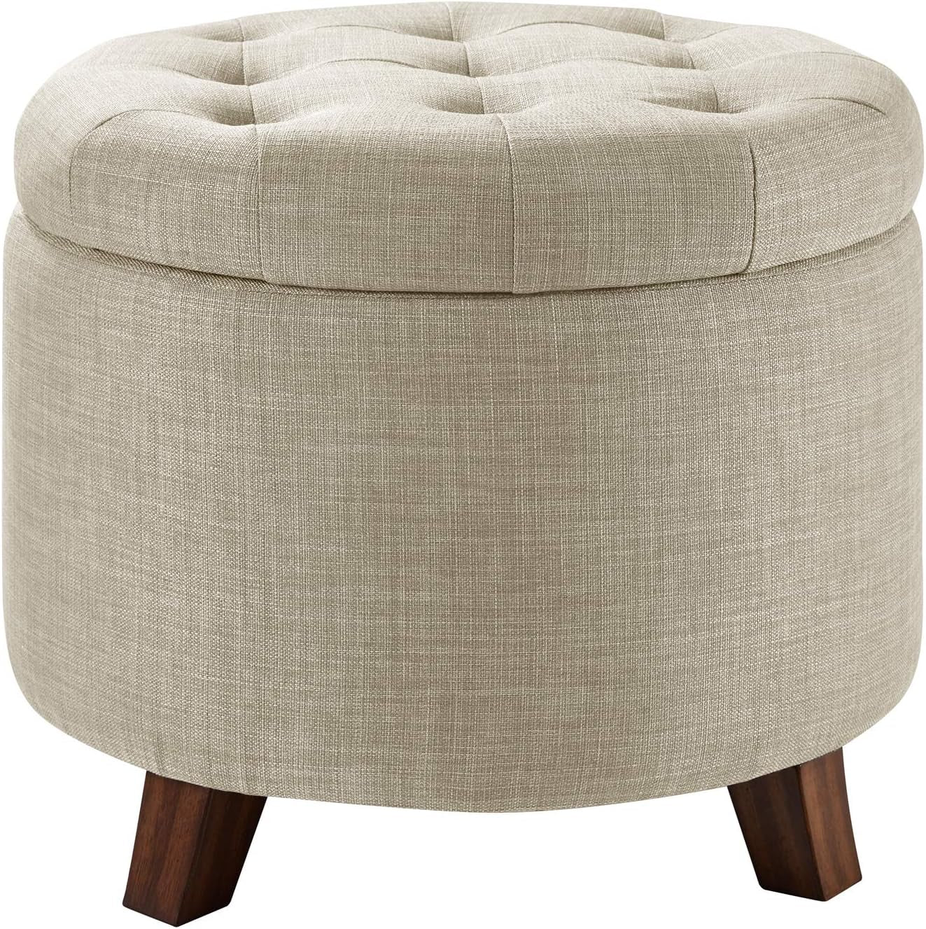 round Linen Ottoman with Storage, Tufted Upholstered Footstool for Living Room and Bedroom, 20" X 17", Linen Burlap Beige