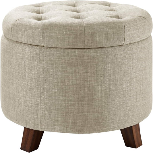 round Linen Ottoman with Storage, Tufted Upholstered Footstool for Living Room and Bedroom, 20" X 17", Linen Burlap Beige
