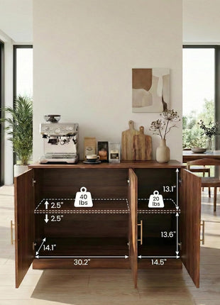46.6" Modern Farmhouse 3-Door Storage Cabinet, Rustic Brown Sideboard Buffet with Gold Accents, Spacious Fluted Wood Credenza for Dining and Living Spaces, Coffee Bar